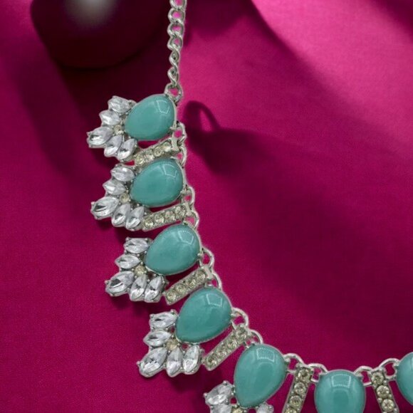 Vintage Turquoise Look & Rhinestone Statement Necklace - Picture 3 of 6